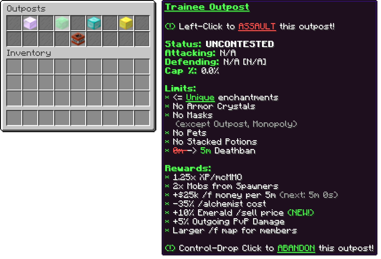 The outposts menu on ArtemisPvP